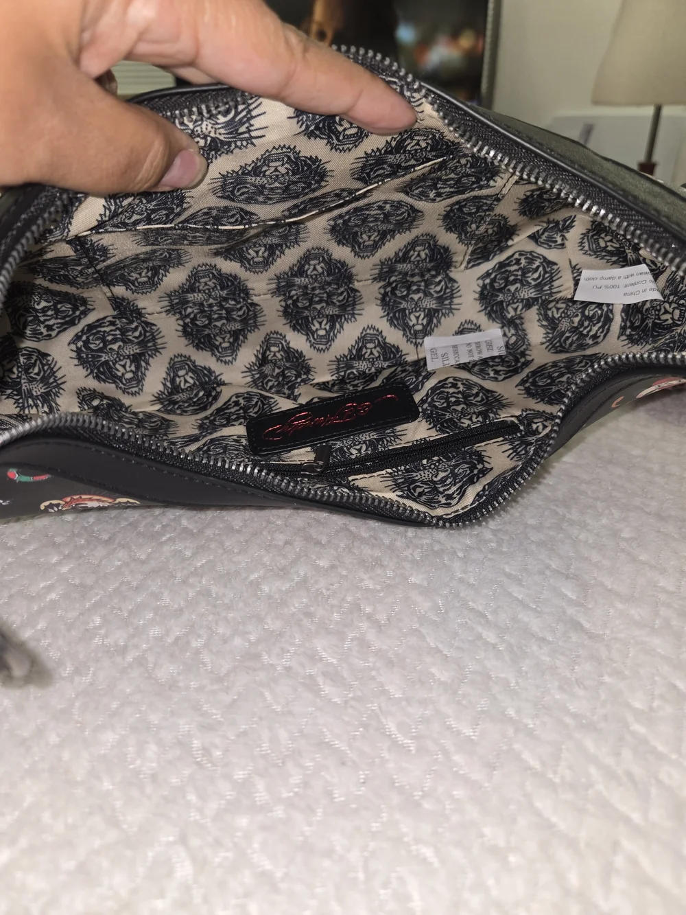 NWT Ed Hardy Black Tattoo Print Studded Hobo Shoulder Bag Vegan Leather Y2K